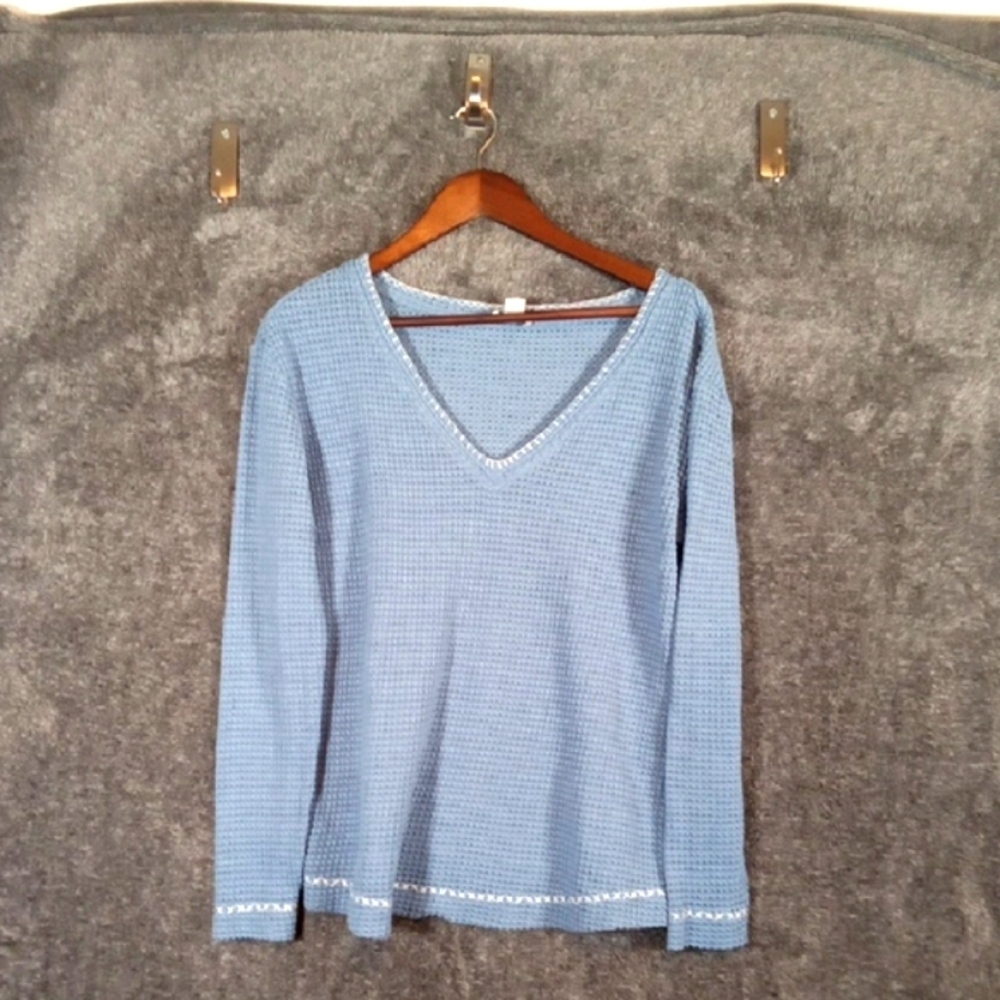 Sundance V Neck Blue  Long Sleeve Waffle Knit Size Medium Women